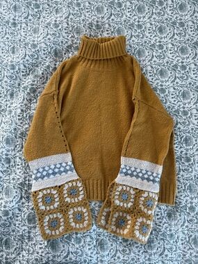 Roolee Mustard Turtleneck Sweater with Patterned Sleeve Accents